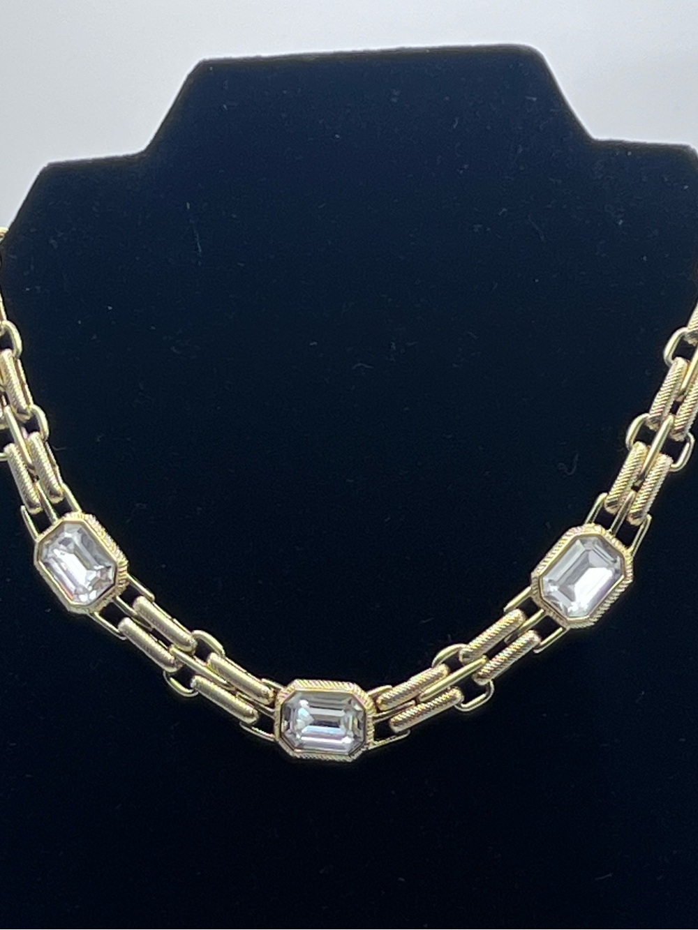 Gold-Tone Chain Necklace with Clear Emerald-Cut Stones